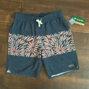 Travis Mathew Boardshorts, sizeS, elastic waist, heather blue, coral & gray, NWT